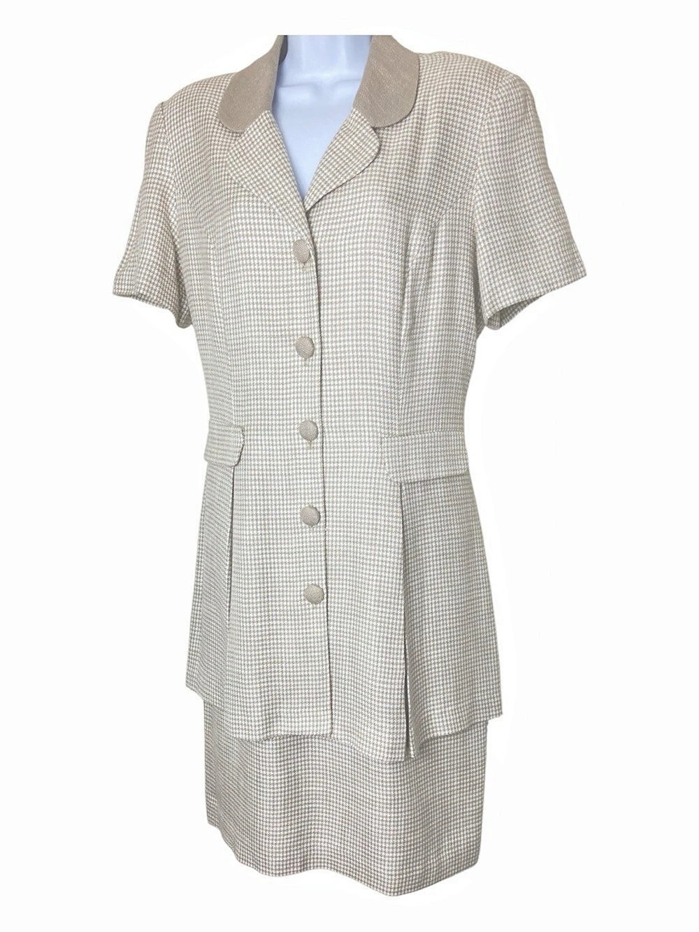 Vintage Donna Ricco Houndstooth Suit Dress in Beige & White Size 12